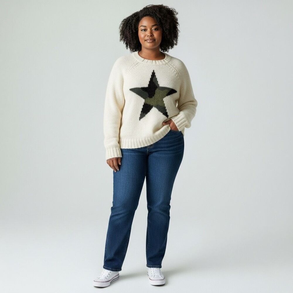Wooden Ships Camouflage Star Icon Sweater Size Medium Large Cream Mohair Wool
